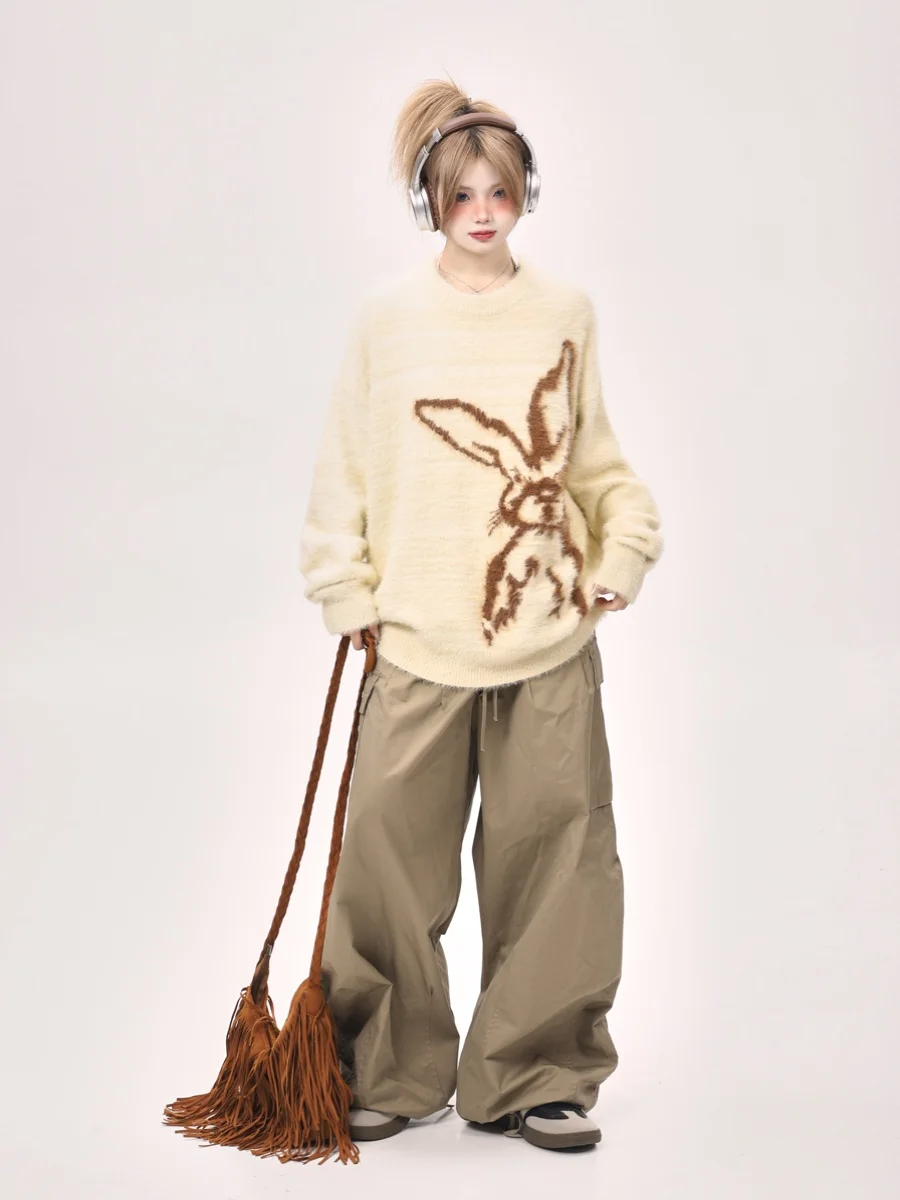 Soft Rabbit Knitwear Women's Loose round Neck Sweater Korean Style Spring Autumn Light Warm Casual Fashion Polyester Blend