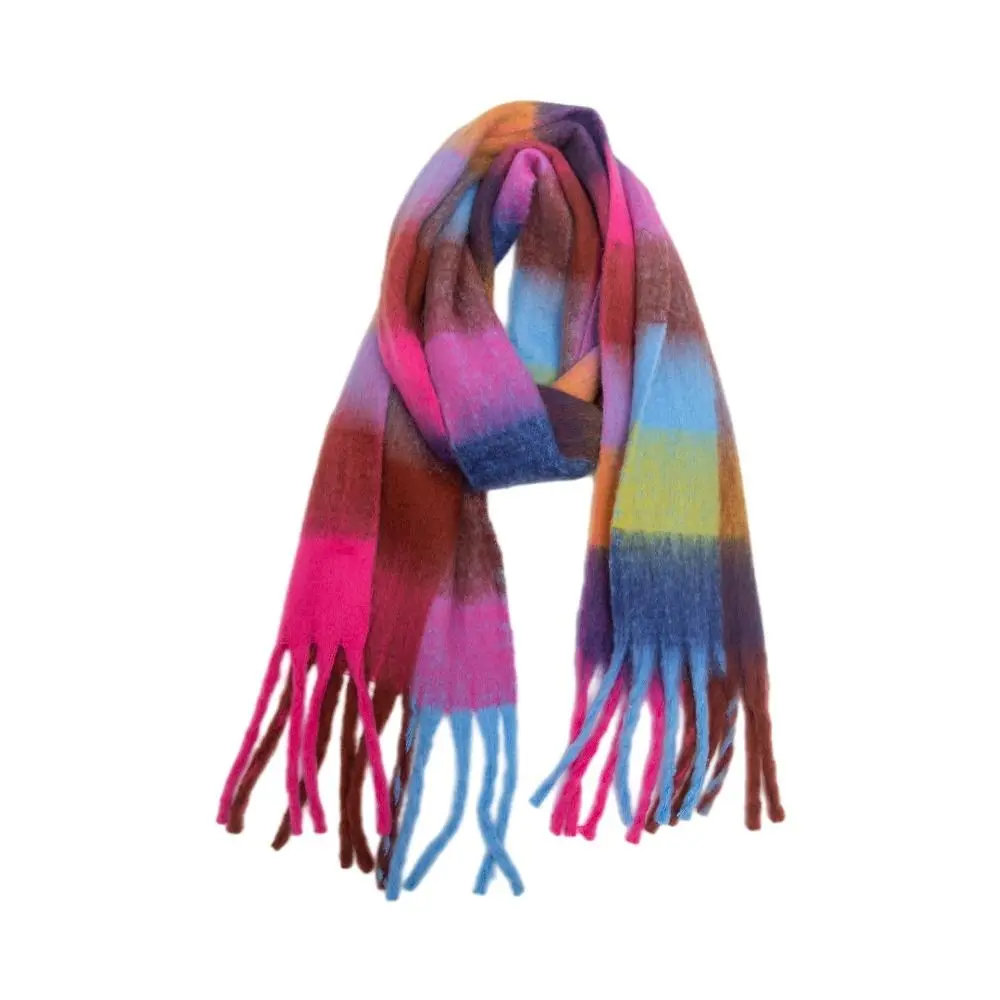 Classic Mohair Plaid Wool Scarf Plush Thick Winter Cashmere Scarves Long Korean Style Rainbow Tassel Shawl Girl