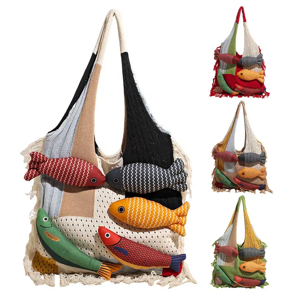 

Вязаная крючком сумка-тоут для женщин и девочек, летняя сумка-тоут на плечо, сумка в стиле бохо с кукольной рыбой ручной работы для летних каникул