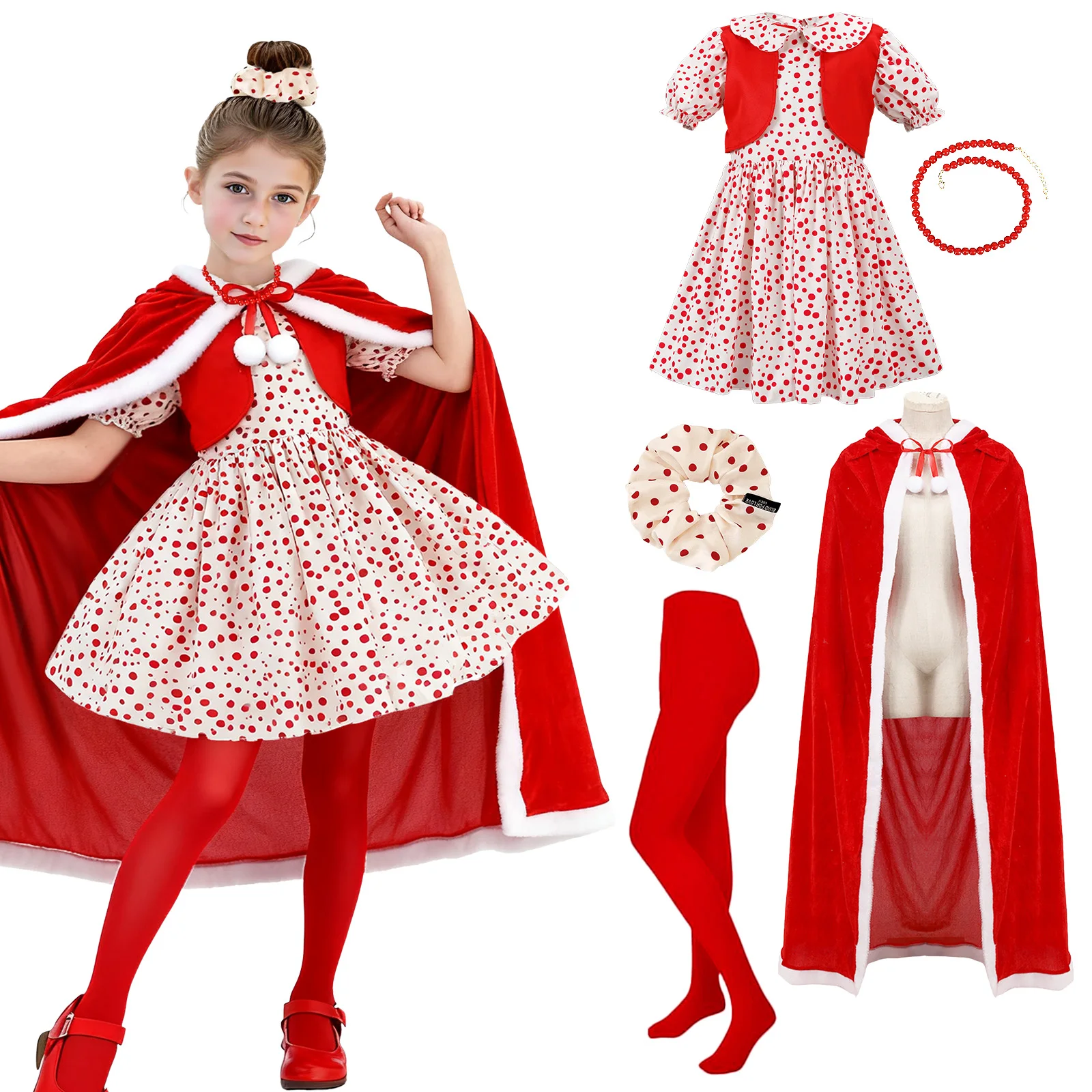 

Cindy Lou Who Christmas Costume for G Red Christmas Dresses Velvet Hooded Cape Tights Necklace Hair Tiefor Cosplay Accessories