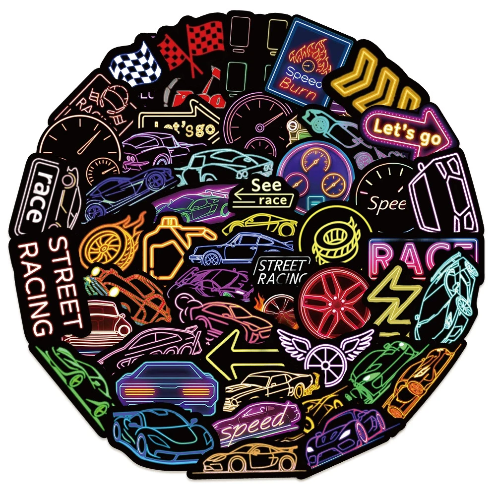10/30/50pcs Neon Racing Car Cartoon Stickers CoolGraffiti Helmet Phone Skateboard Classic Waterproof Decals Toys Gifts