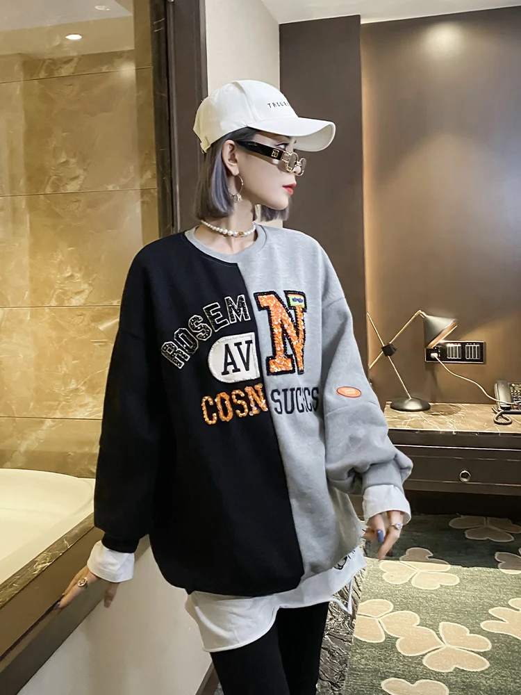 

Color Blo Hoodie Women's Loose Fit round Ne Embroidered Letter Print Street Sle Long Sve Casual Top