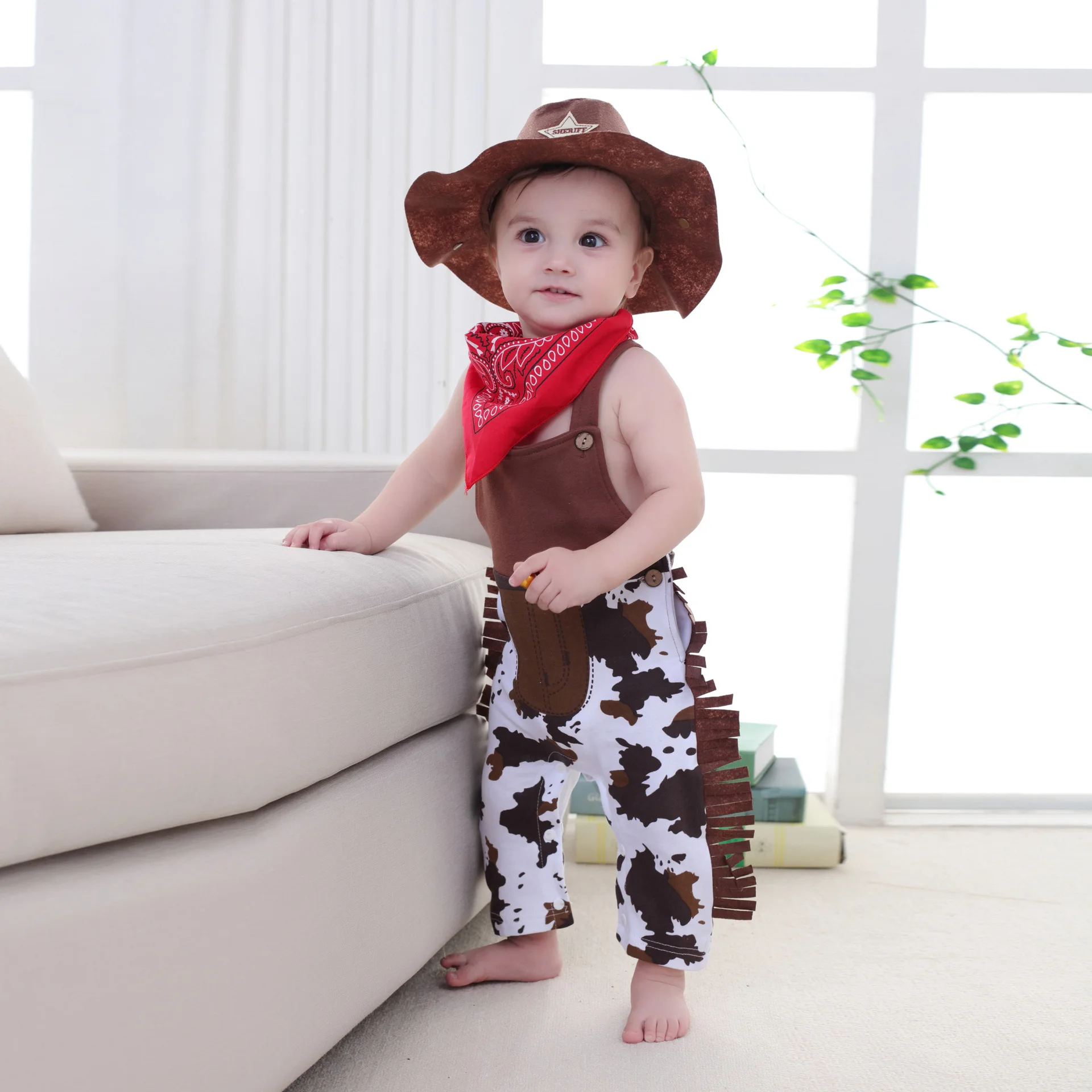 Baby Boy Western Cowboy Costume Summer Romper Infant Suspender Jumpsuit Toddler Outfit Kids Holiday Party Cosplay Clothing