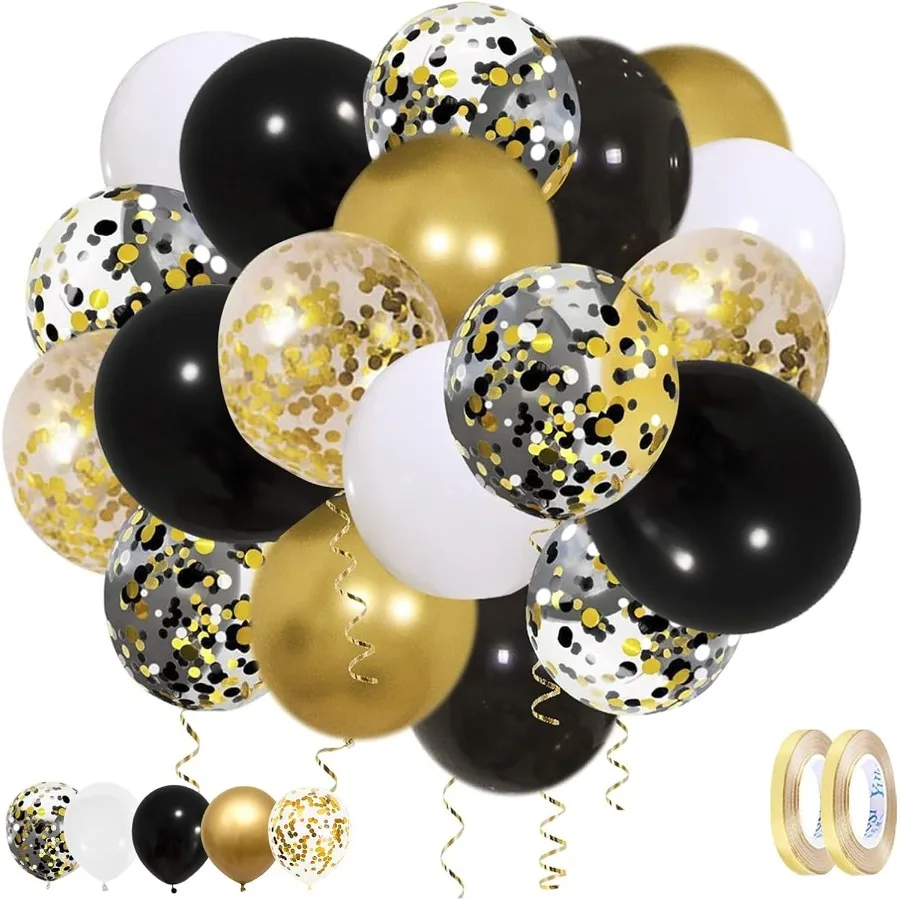 62 pièces Kit de ballons confettis colorés ballon scintillant 12 pouces ballons de fête confettis noir or blanc pour anniversaire bébé Sh