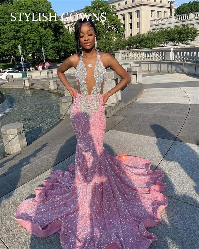 Pink Sequined Halter Long Prom Dress For Black Girls 2025 Beaded Crystal Birthday Party Dresses Rhinestone Evening Customized