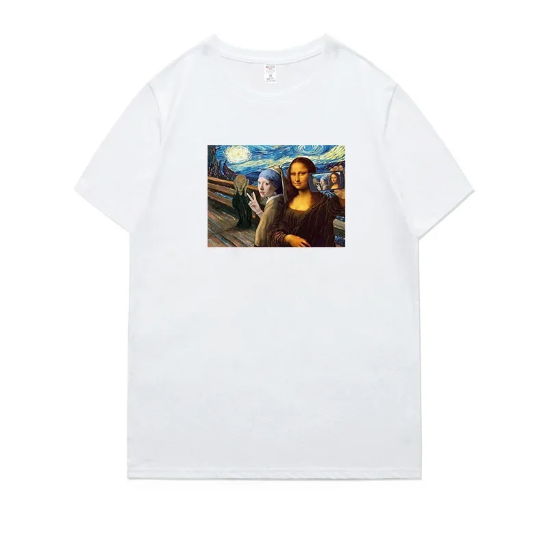 World Famous Painting T-shirt Man Spoof Mona Lisa Last Supper Vintage Oil Painting Cat Print Dress Woman Harajuku Graphic TEE