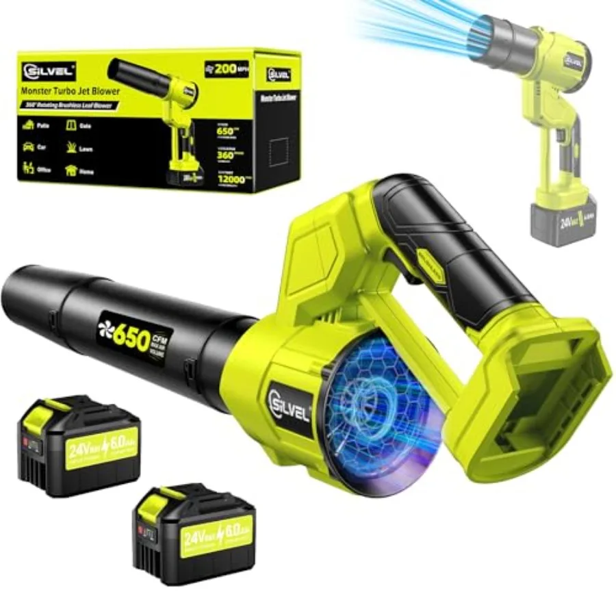 

Беспроводная электрическая воздуходувка для листьев 650CFM 200MPH, высокомощная, бесщеточная, турбо, 24В, с 2 аккумуляторами 6.0Ач и зарядным устройством, легкая