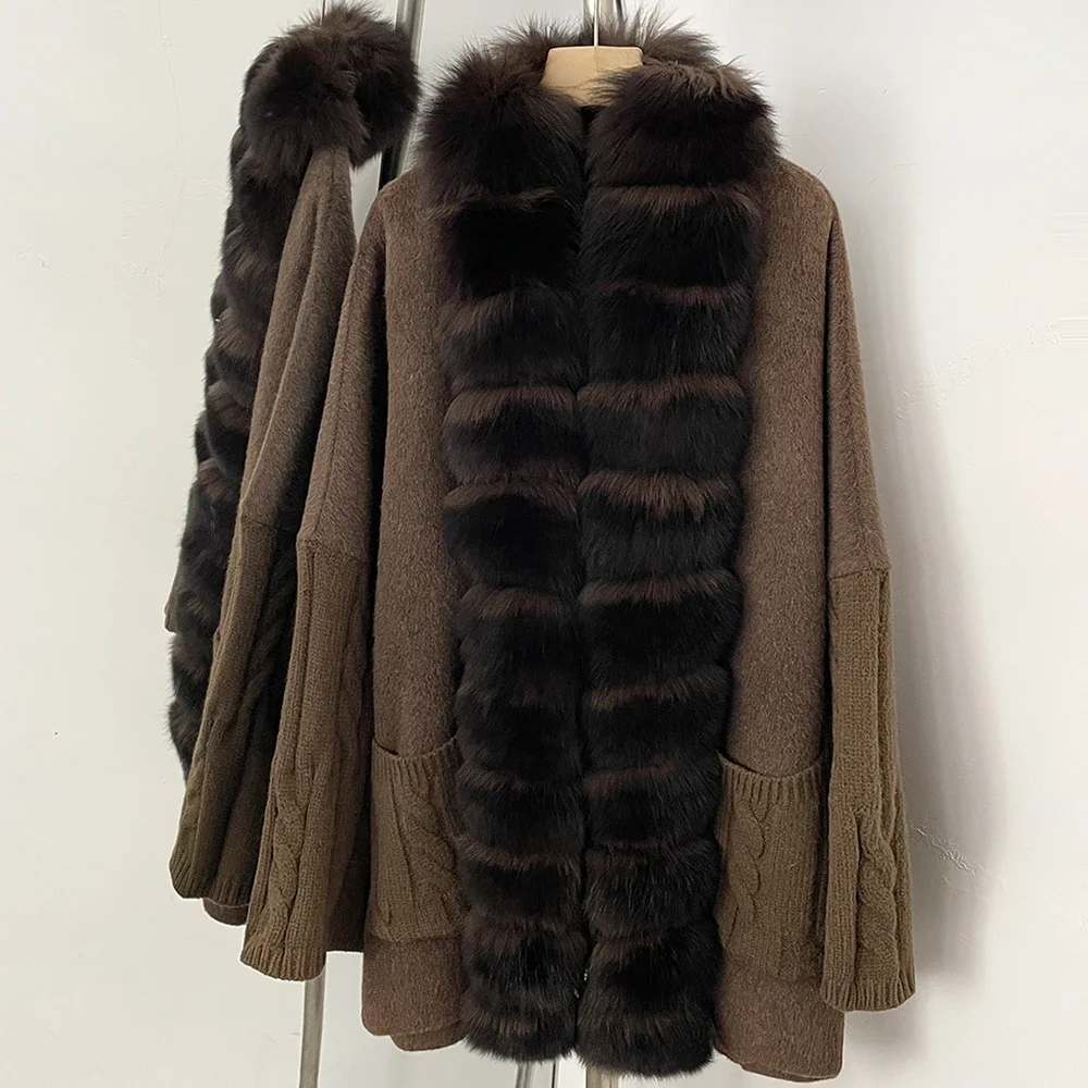 OFTBUY Neueste Luxuriöse Winter-Wollmischungen Echter Großer Fuchspelzmantel für Damen Warme Übergroße Natürliche Pelz-Kaschmir-Wolljacken für Frauen – Detail 8