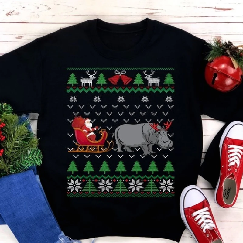 Lustiges Nilpferd, das Weihnachtsmann-Schlitten zieht, lustiges Nilpferd-Thema, hässliches Weihnachts-Sweatshirt, männlich, Roupas Feminina, Langarm-Tops