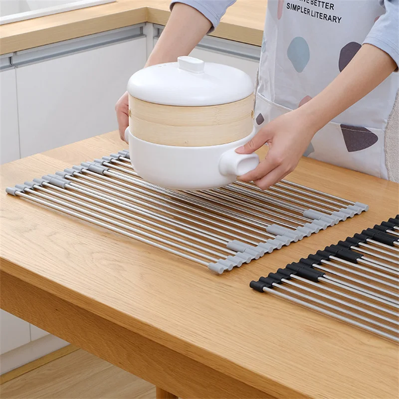 Foldable Stainless Steel Sink Drain Curtain Multifunctional Tableware Drainer Rack Heat Resistant Insulation Pad Kitchen Tools