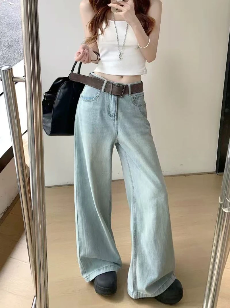 NUOMICI Light Blue Mid-low Waist Jeans Women's Loose Casual Straight Trousers Street Simple Chic Basic Female Pants