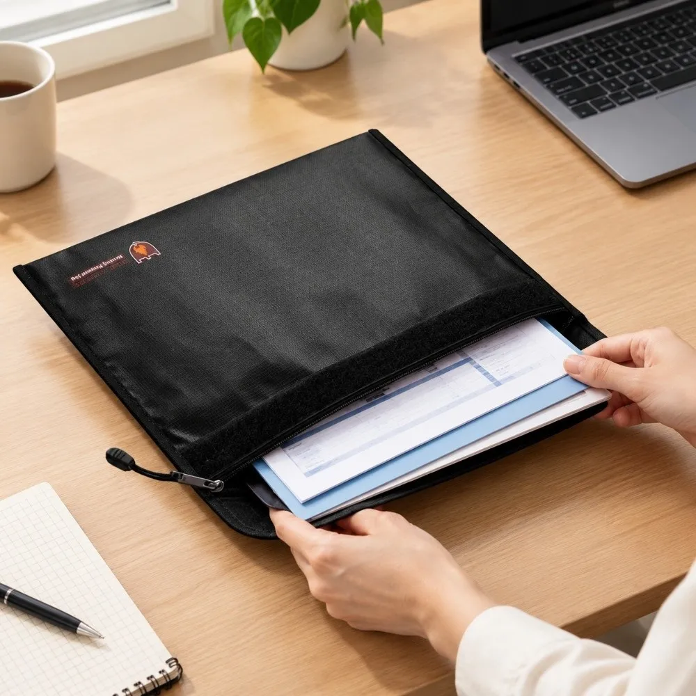 Fiberglas Fireproof Document Bag Silicone Coated Water Proof Document Holder Pouch Zipper Closure Multifuctional