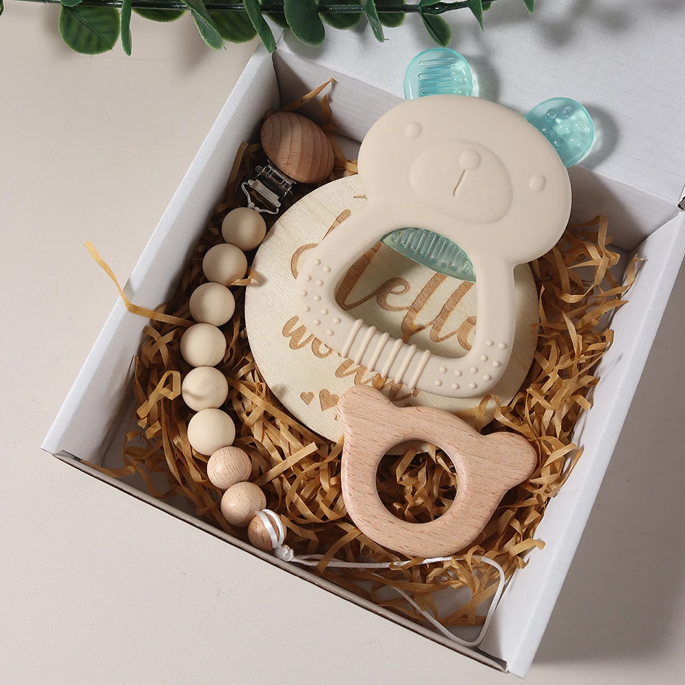 newborn gift set silicone teething bear toy soothing toy dummy clip milestone gift box essentials view 4
