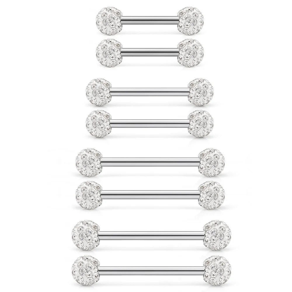 8 Pcs 14G CZ Paved Ball Tongue Nipple Barbell 316L Surgical Steel Straight Bar Piercing Jewelry 12‑19mm for Men Women