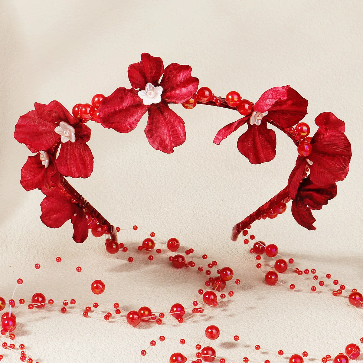 Red Flower Headbands for Women Photo Shooting Fashion Hair Jewelry Fairy Floral Crown with Long Tassel Pearls Pendant Hairbands