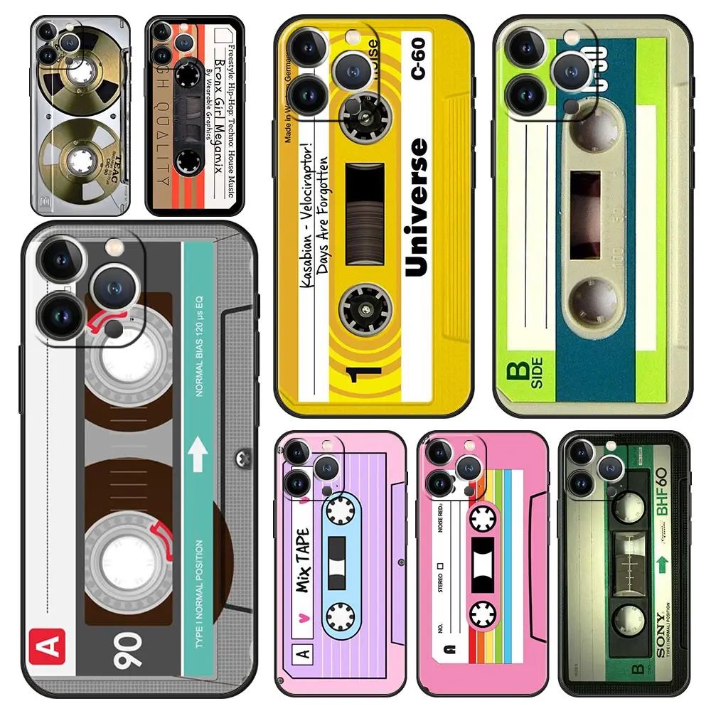 Luxury Phone Case For Apple iPhone 11 15 14 Pro MAX 12 13 7 8 Plus X XR XS MAX SE Silicone Black Cover Funda Cassette Tape