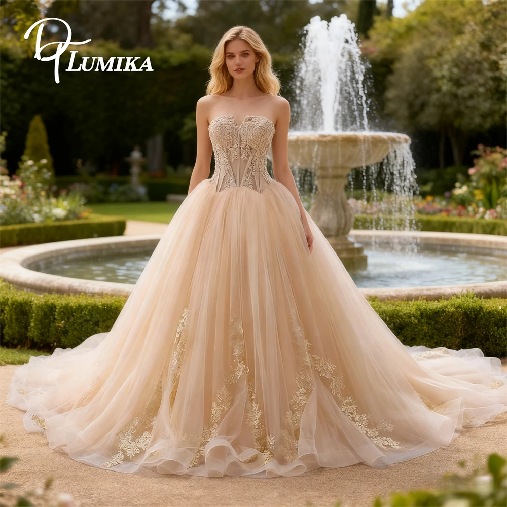 

DTLumika Champagne Corset Quinceanera Dress Sleeveless Lace Appliques Tulle Evening Dresses Sweet 15 16 Party Gowns