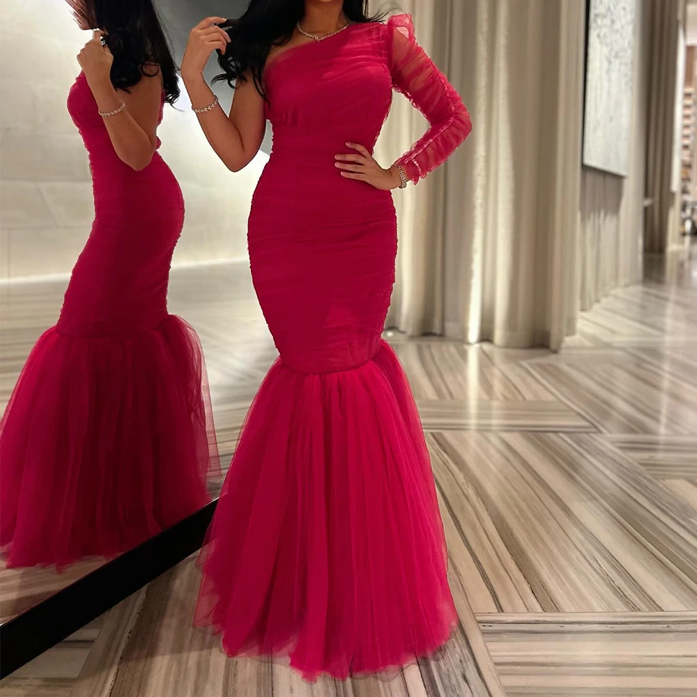 

Customized Graceful One Shoulder Long Sleeves Evening Dress Temperament Mermaid Organza Pleats Party Gown vestidos para mujer