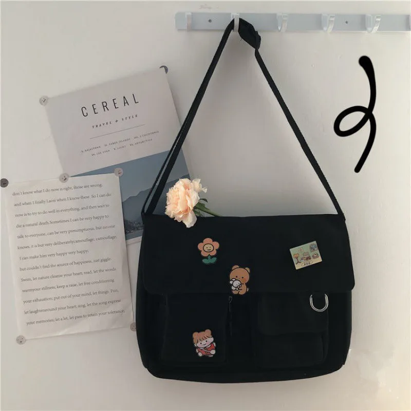 Japanische Harajuku niedlichen Retro Mädchen Umhängetasche schicke Abzeichen Leinwand Cross body Schult aschen Student einfarbige Umhängetasche Schulranzen – Detail 10