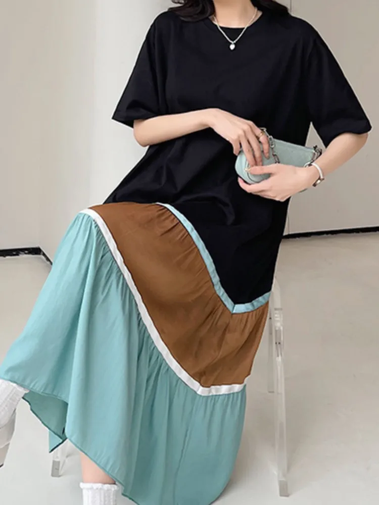 Sommer frauen Kleider Lose Plus Größe Patchwork Dame Vestidos Kurzarm Weibliche Robe T-Shirt Schwarz Kleid Kleidung
