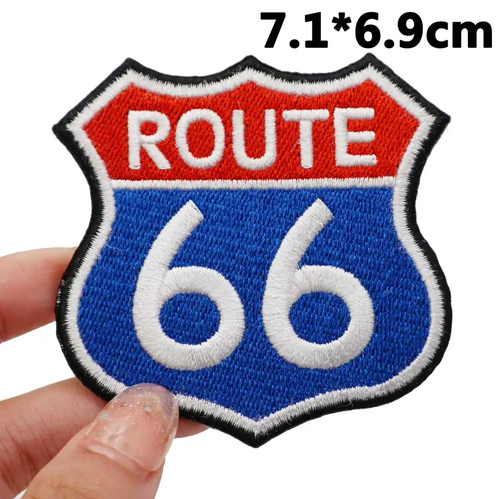 ROUTE 66 Badge ricamato Applique cucito etichetta punk biker patch con supporto a gancio