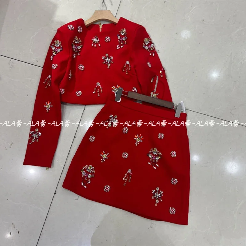 2024 New Fashion Style Popular Exquisite Heavy Industry Beads Gorgeous Short Top A-line Skirt Suit Fashion Coat 2 Pieces Outfits