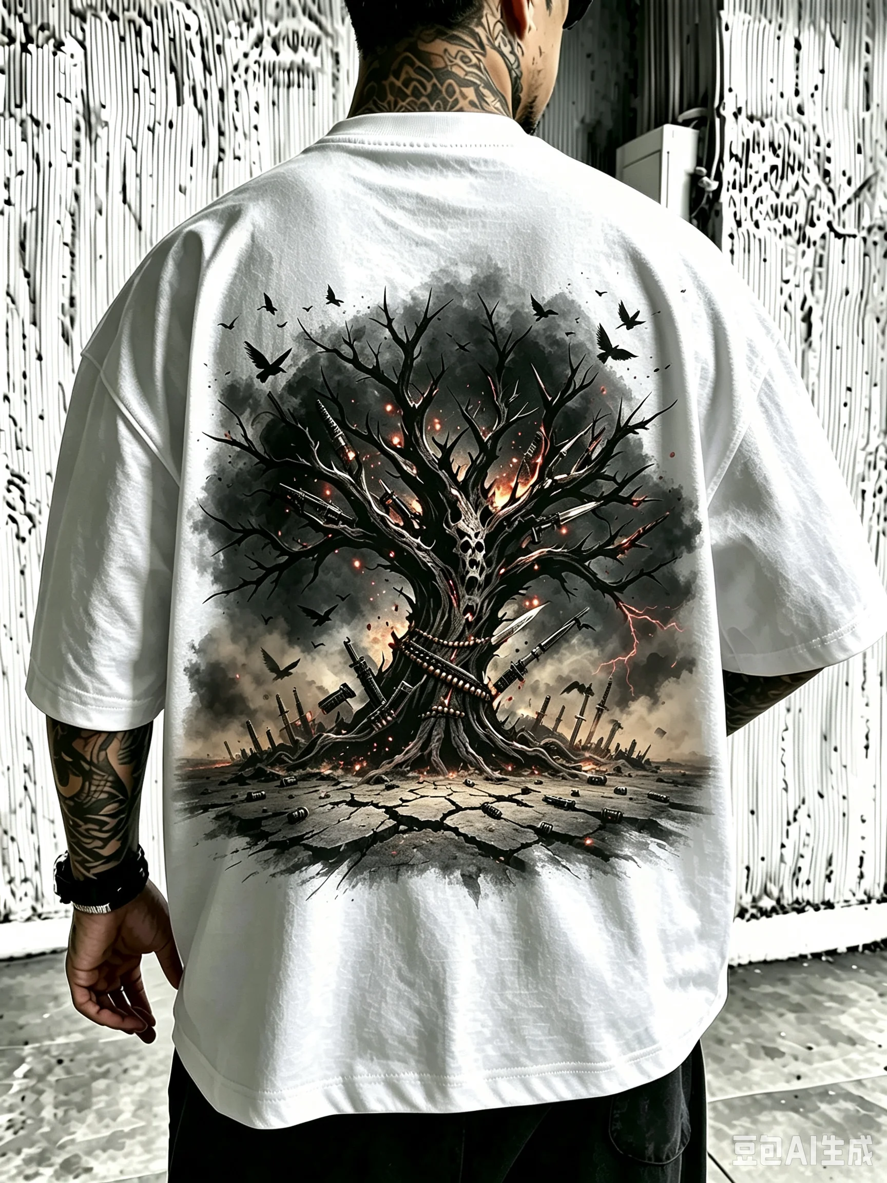 Men Women Unisex Oversized Cotton T-Shirt, Gothic Wasteland Dead Tree Crow Fire Thunder Bullet Gun Back Print Tee, Dark War Theme Vintage Streetwear Casual Short Sleeve Tops