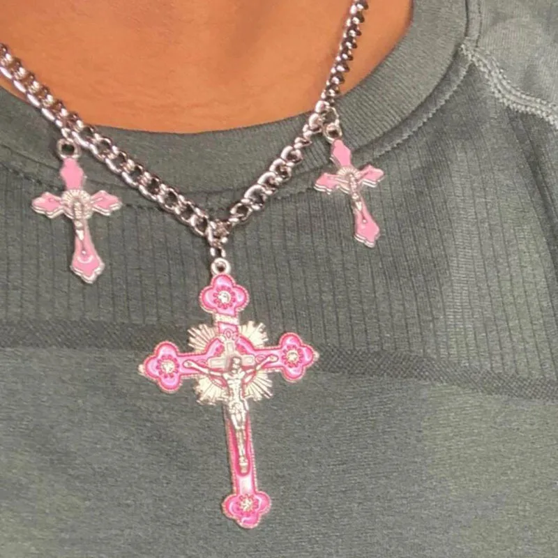 New Pink Cross Necklaces for Women Y2k Fashion Gothic Couple Jewelry Metal Chains Chokers Pendant Necklace Party Jewelry Gifts