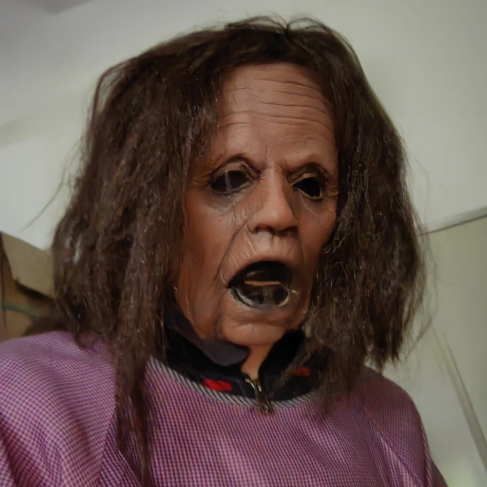 قناع الجدة القديمة المخيف مع شعر رعب واقعي شيطان الجدة قناع حفلة الهالوين تأثيري منزل مسكون المزحة الدعائم