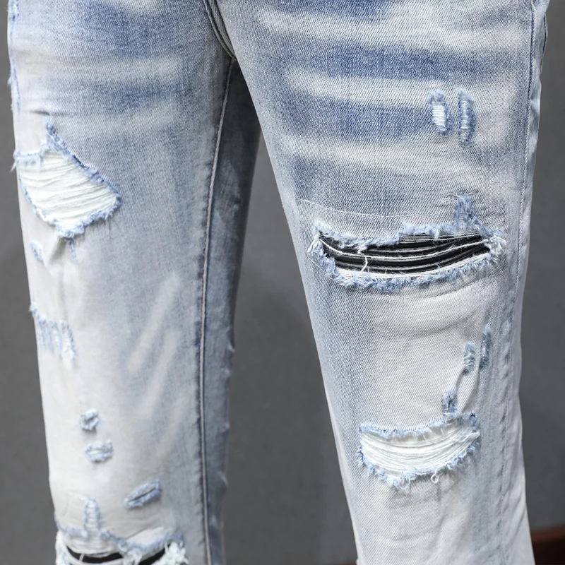 y2k new denim jeans washed nostalgic distressed black leather patch elastic slim fit light blue jeans high street hip-ho