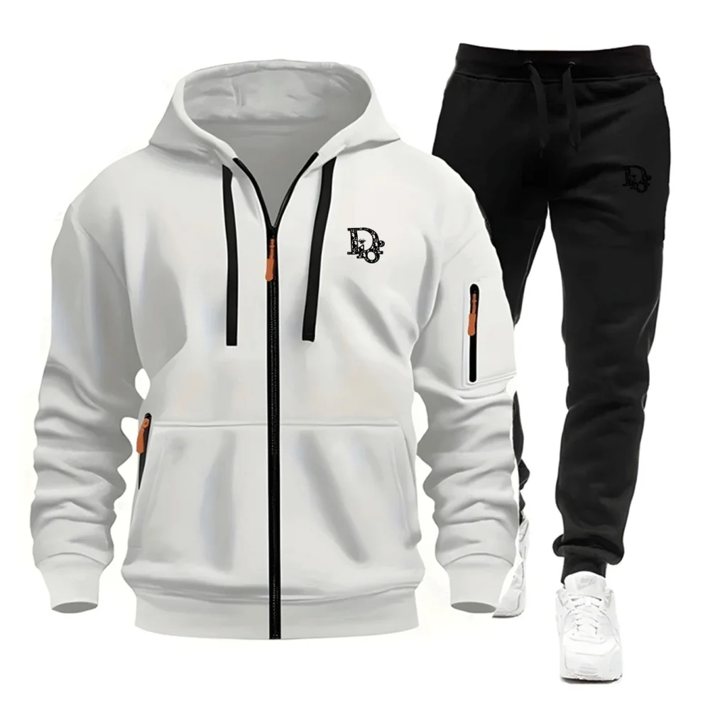 

2026 Men's Tracksuit Hoodie Sweatpants Set Black Letter Print Zipper Jacket Jogger Pants Casual Fashion Autumn Winter Outfit