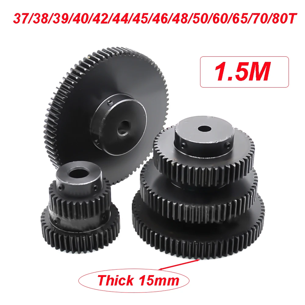 1.5M 37/38/39/40/42/44/45/46/48/50/60/65/70/80T Teeth Module Mod Pinion Fixed Spur Gear Motor Transmission Metal Gears 45# Steel