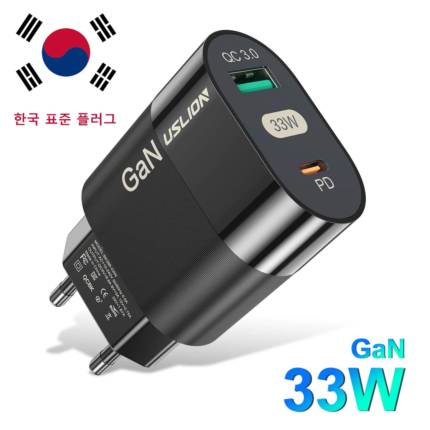 

PD 33W GaN Корейское зарядное устройство USB C Быстрое зарядное устройство для iPhone 15 Pro Xiaomi KR Разъем 2 порта Дорожная вилка Адаптер для быстрой зарядки телефона
