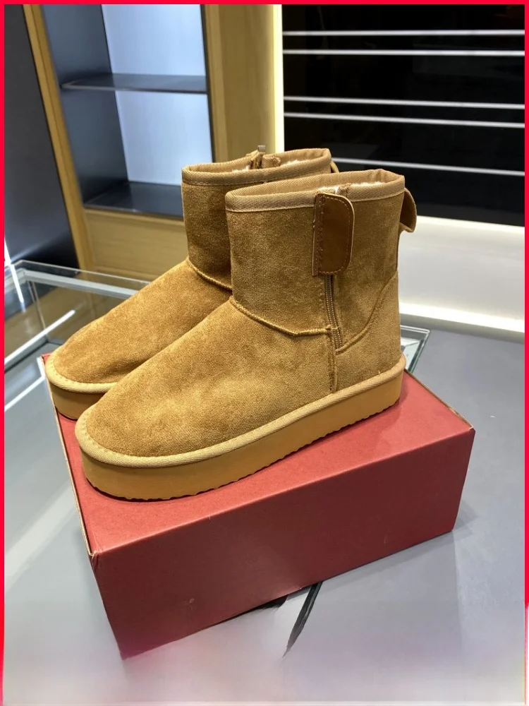 

Thiened Fce Lined Mid-Calf Snow Boots for Couples Warm Zipper Closure Rubber Outsole Casual Sle Youth Winter Boots