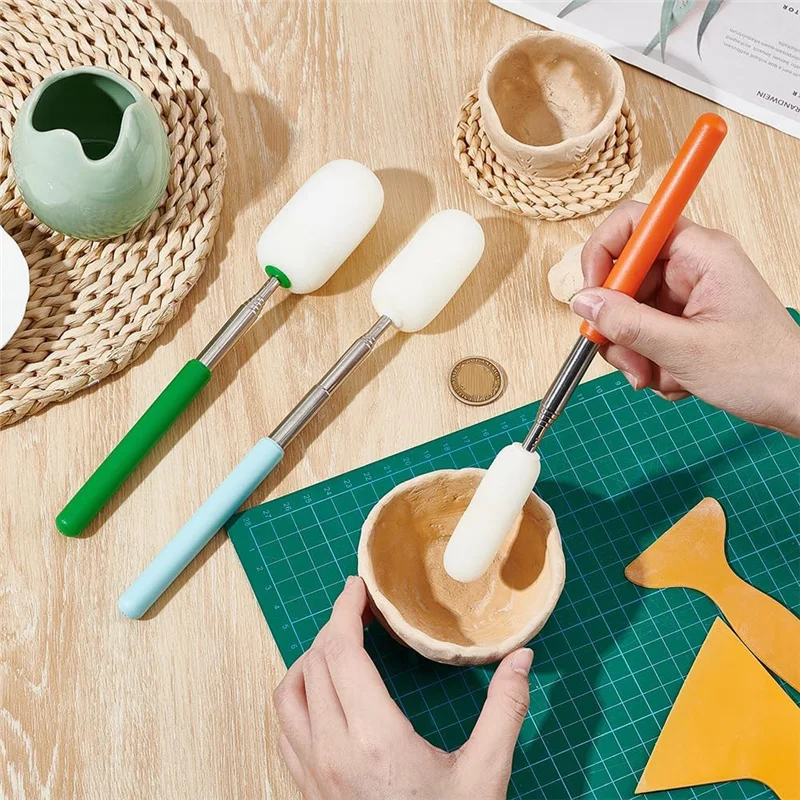 A59E-3PCS عصا إسفنجية تصغير للفخار، مقبض من الفولاذ المقاوم للصدأ رأس إسفنجة ماصة لإزالة الماء من الفخار