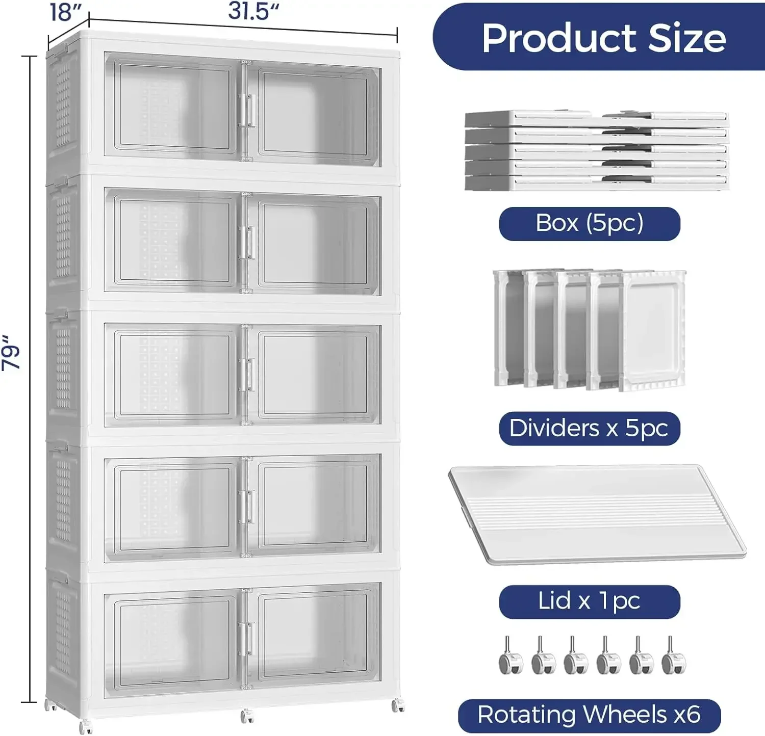 White Collapsible Stackable Storage Bins Cabinet Closet Organizer Drawer Container Lid Wheels Clothes Kitchen Organizing