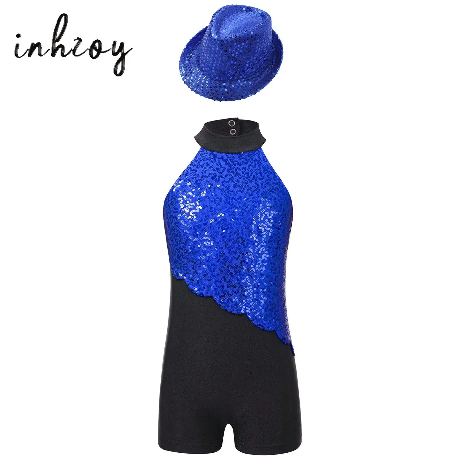 

Kids Girls Jazz Dance Performance Outfit Strappy Back Mock Neck Sleeveless Glittery Sequin Jazz Latin Leotard with Sequins Hat