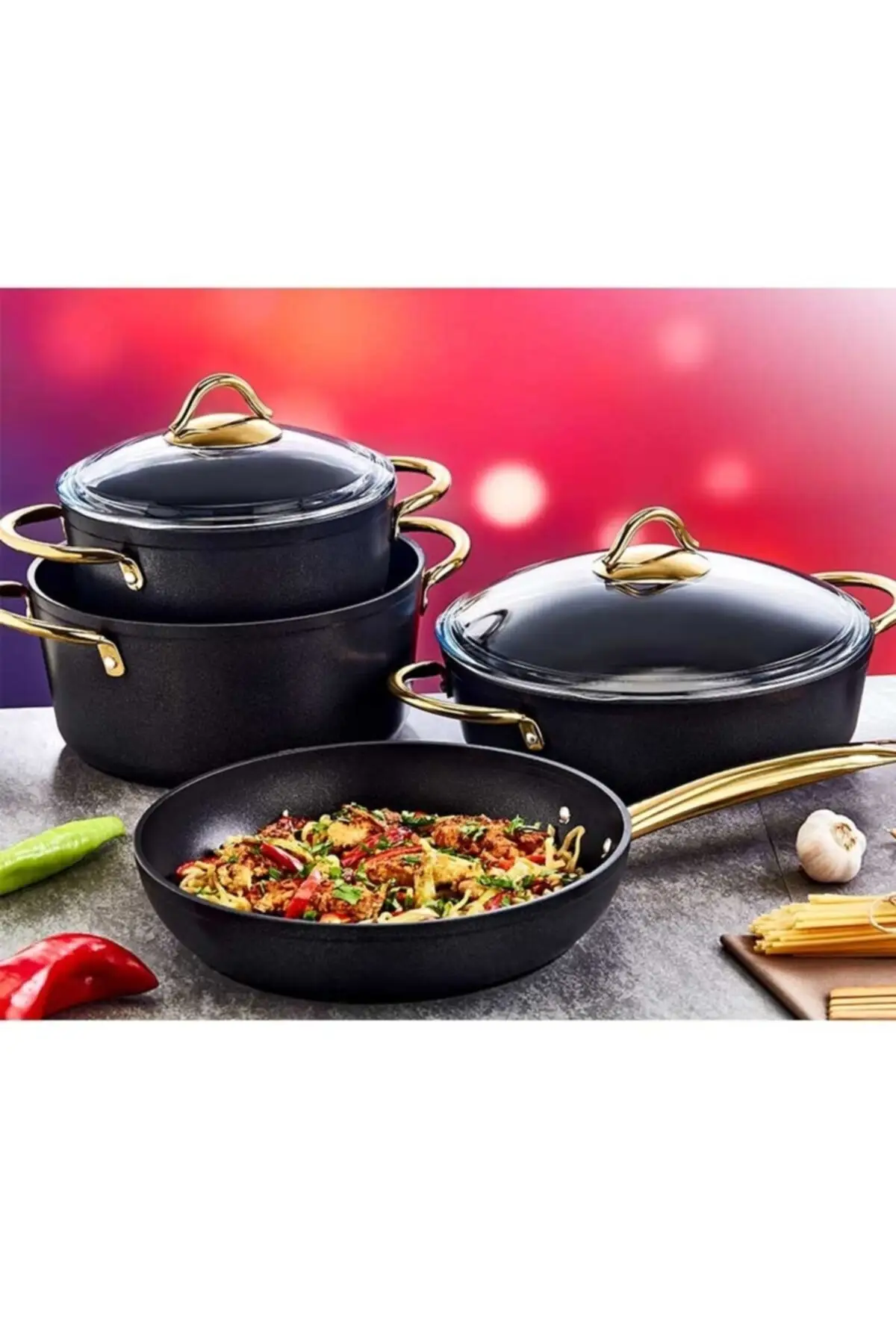 DOLBOVI Seramikci 7 piece granite Diamond Cookware Set (glass cover) Cookware Set