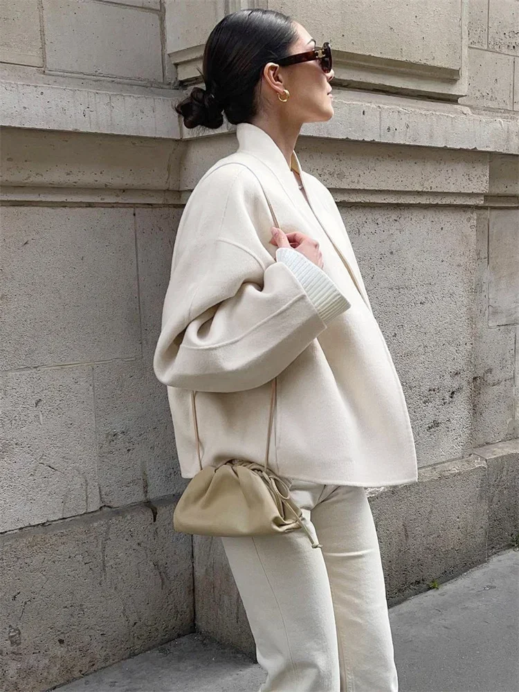 Fmxires New Casual Female Wool Overcoat Streetwear Patchwork Loose Cardigan Cropped Coat For Women Long Sleeve Solid Y2k Outwear