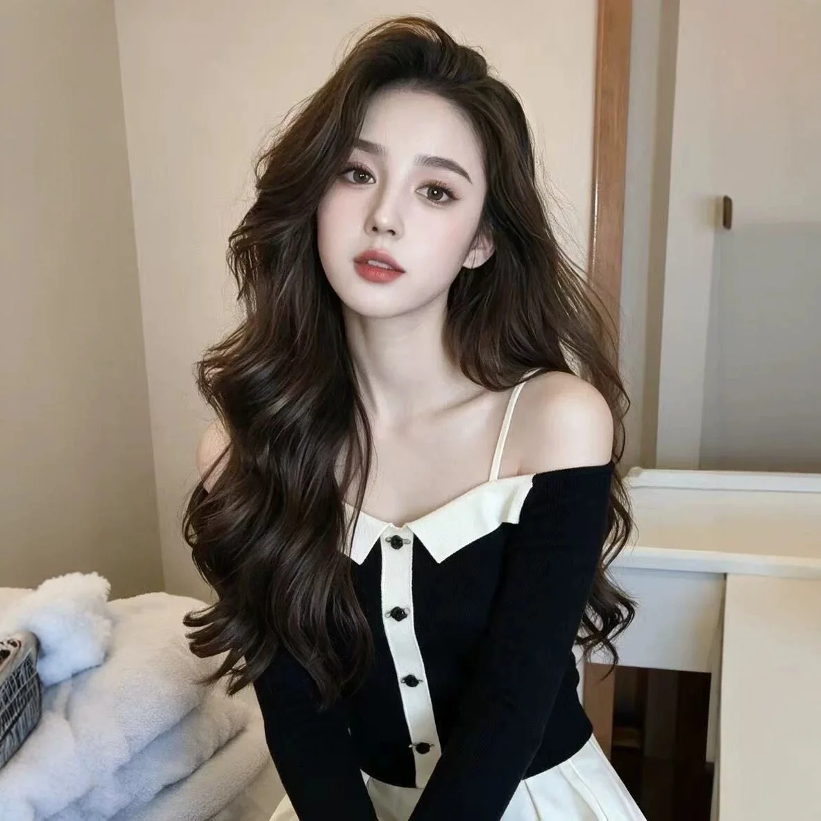 Shoulder Bared Long Sleeve Color Block Knitted Sweater Women's Fashion Spring Autumn High Neck Line Design Comfortable Fit Kn...