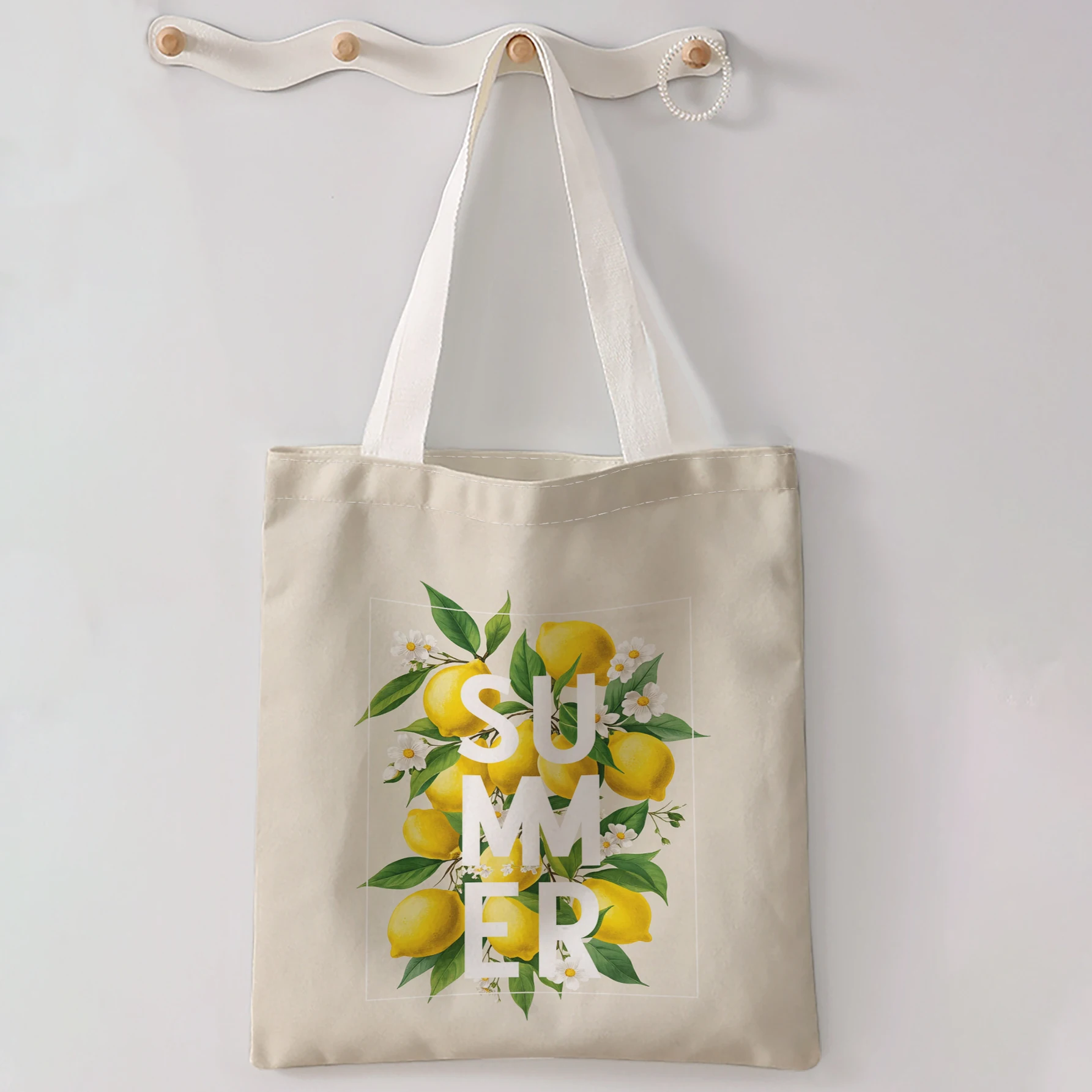Summer Lemon White Floral Print Tote Bag Large Capacity Shoulder Bag For Shopping Travel Daily Use