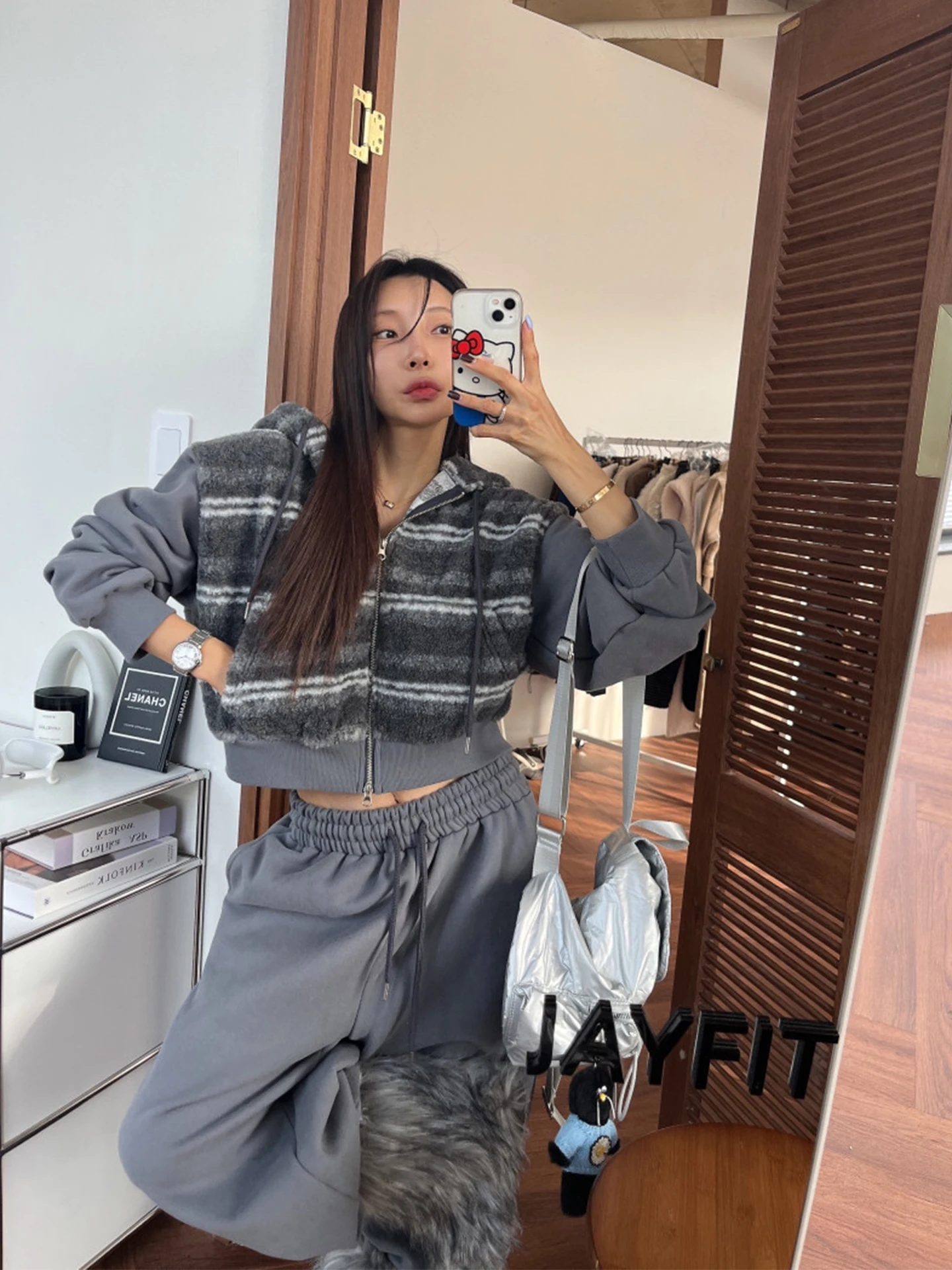 Faionable المرقعة مخطط لامب المخملية البلوز Jaet الشتاء مرونة الخصر عارضة السراويل الطويلة المرأة فرقة مجموعة