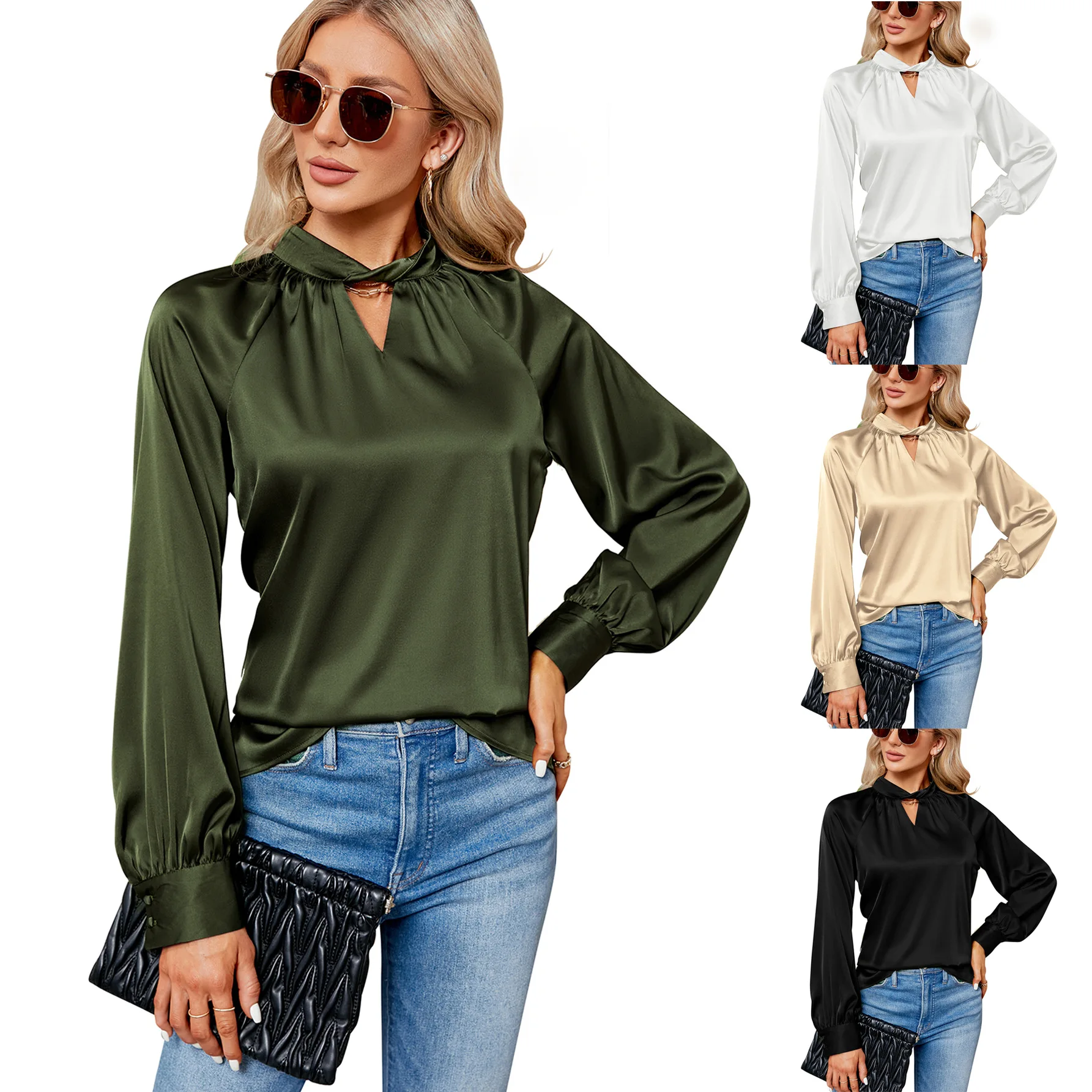 YJKDYK 2024 Spring Autumn Women's Long Sleeve Tops Shirt Satin V-neck Long Sleeved Loose Top Female Soft Smooth Commuter Shirt