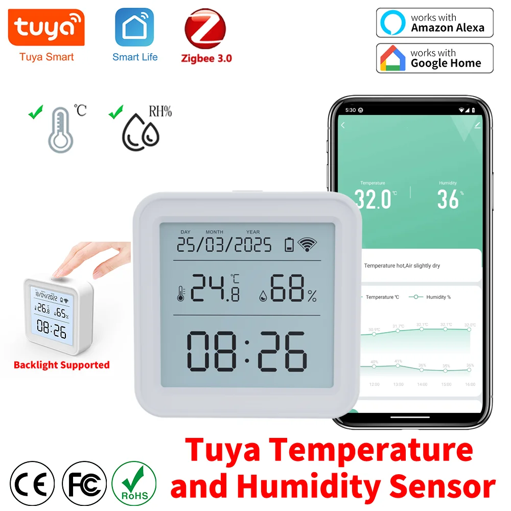 

Датчик температуры и влажности Tuya Zigbee, гигрометр, термометр, детектор, умное управление, поддержка Alexa и Google Home