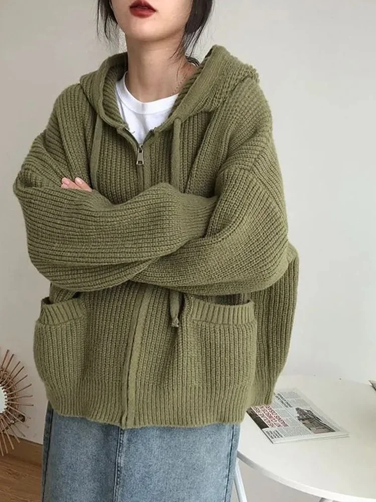 Elegant Hooded Zipper Knit Sweater Cardigan Women's Fashionable Versatile Autumn Winter High Quality Lazy Style Casual Outerwear
