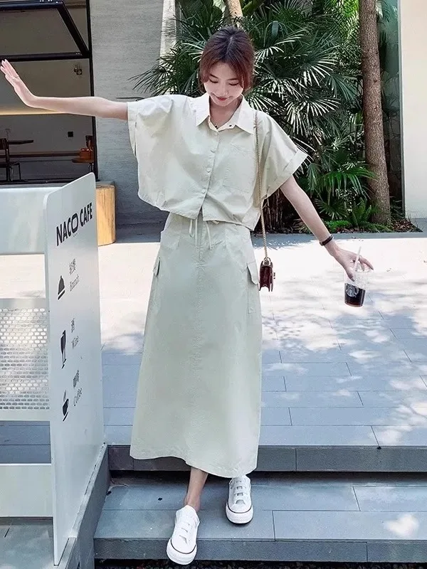 

plus Size Women's Casual Shirt And Skirt Set Short Sleeve Workwear Half-length Summer Fashion Two-piece Ensemble Korean Style