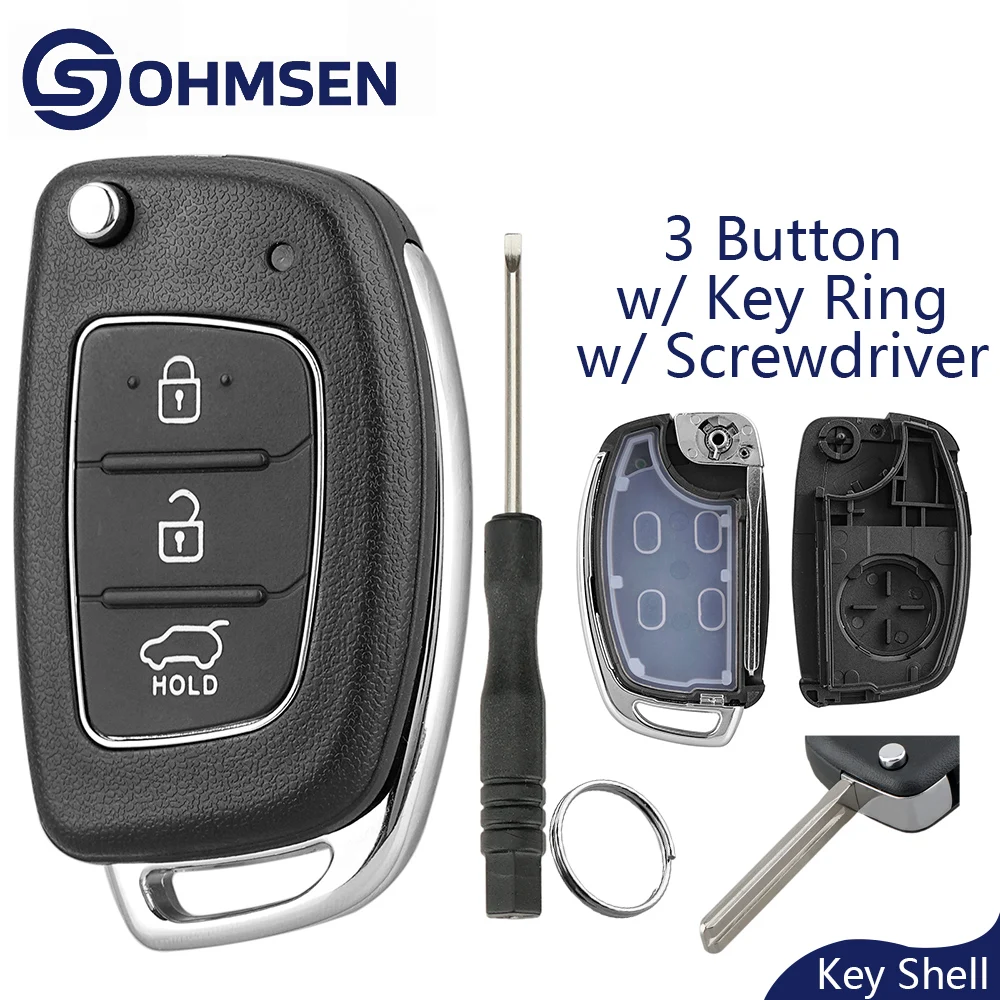 

OHMSEN 3 Button Flip Car Key Case + Rubber Pad Repair For Hyundai I10 I20 I40 IX35 Santa Fe Remote Fob Shell