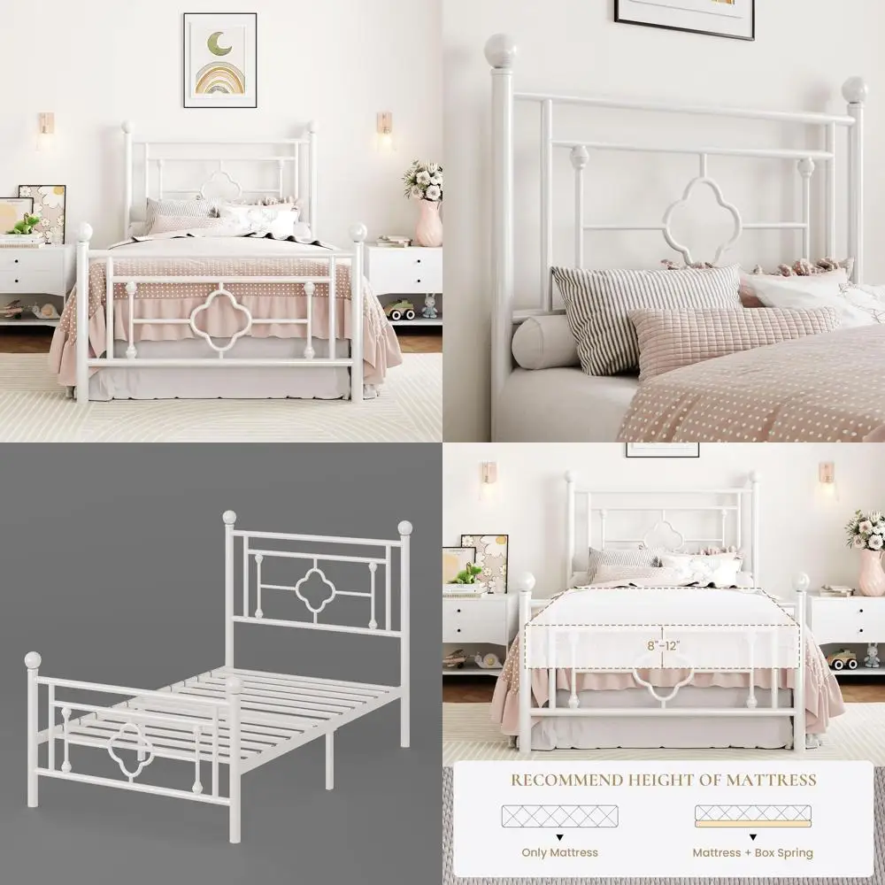 

14-дверный металлический каркас кровати с винтажным изголовьем и изножьем, фундаментом для матраса, местом для хранения, простая сборка, бесшумный, белый