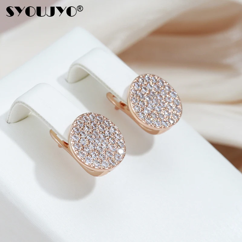 SYOUJYO Full Paved Shiny Natural Zircon Stud Earrings For Women Luxury 585 Rose Gold Color Bride Wedding Earrings Fine Jewelry