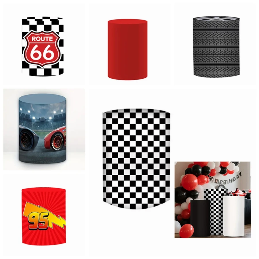 

Racing Theme Boys Birthday Party Decoration Cylinder Cover Black White Checkered Flag Tire Lightning Arrangement Photo Props